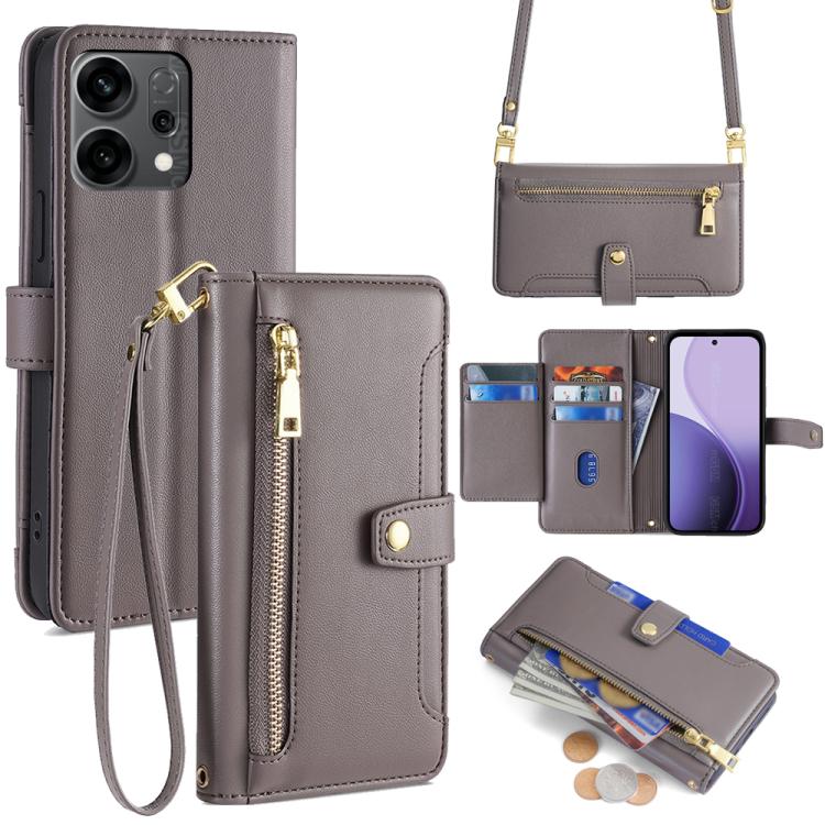 

For OPPO Reno14 5G Sheep Texture Cross-body Zipper Wallet Leather Phone Case(Grey)
