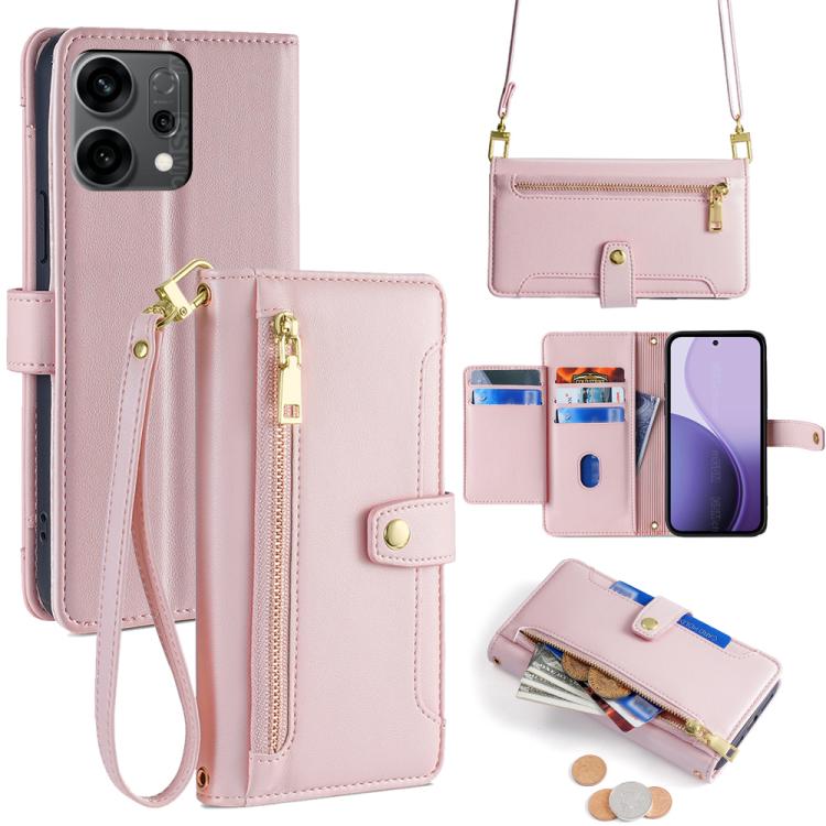 

For OPPO Reno14 5G Sheep Texture Cross-body Zipper Wallet Leather Phone Case(Pink)