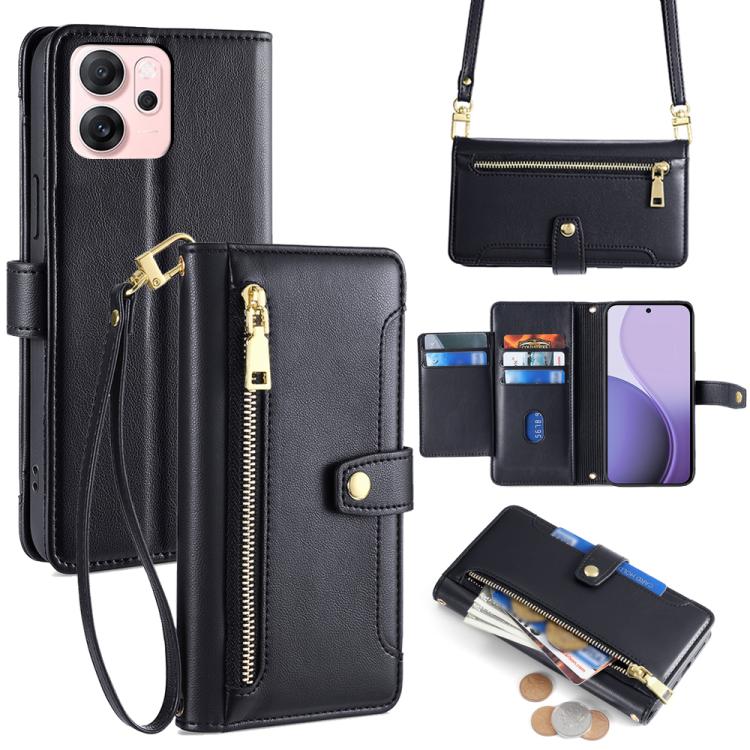 

For OPPO Reno14 F 5G Sheep Texture Cross-body Zipper Wallet Leather Phone Case(Black)
