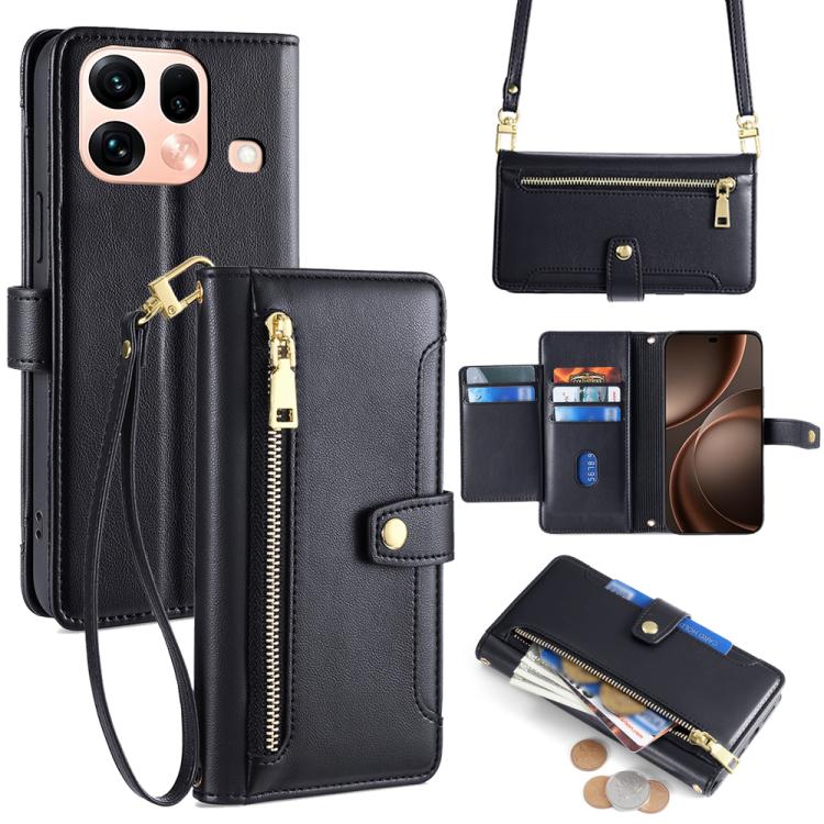 For OPPO Find X9s Pro 5G Sheep Texture Cross-body Zipper Wallet Leather Phone Case(Black)