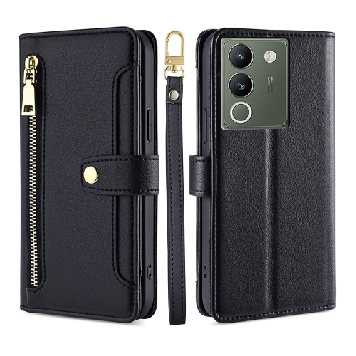 

For vivo V29e 5G Sheep Texture Cross-body Zipper Wallet Leather Phone Case(Black)