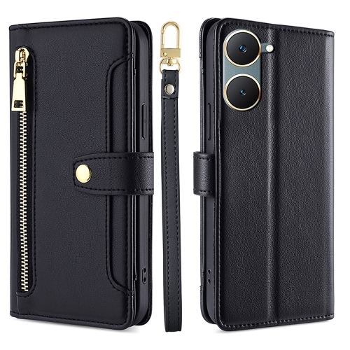 

For vivo Y03 4G Sheep Texture Cross-body Zipper Wallet Leather Phone Case(Black)