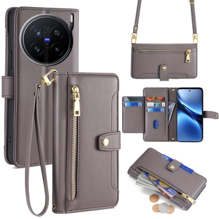 

For vivo X200 Pro 5G Sheep Texture Cross-body Zipper Wallet Leather Phone Case(Grey)