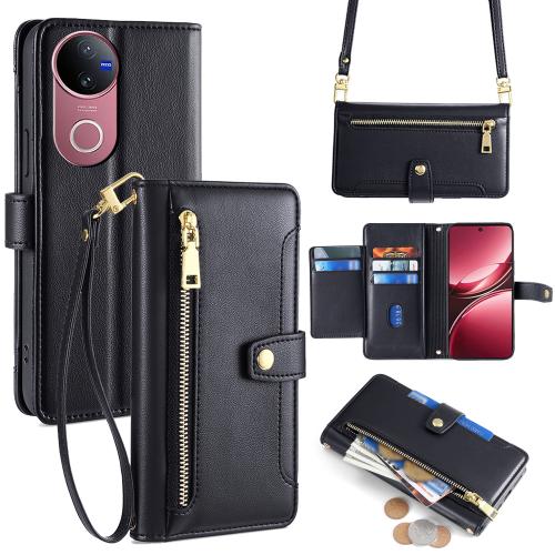 

For vivo V50 5G Sheep Texture Cross-body Zipper Wallet Leather Phone Case(Black)