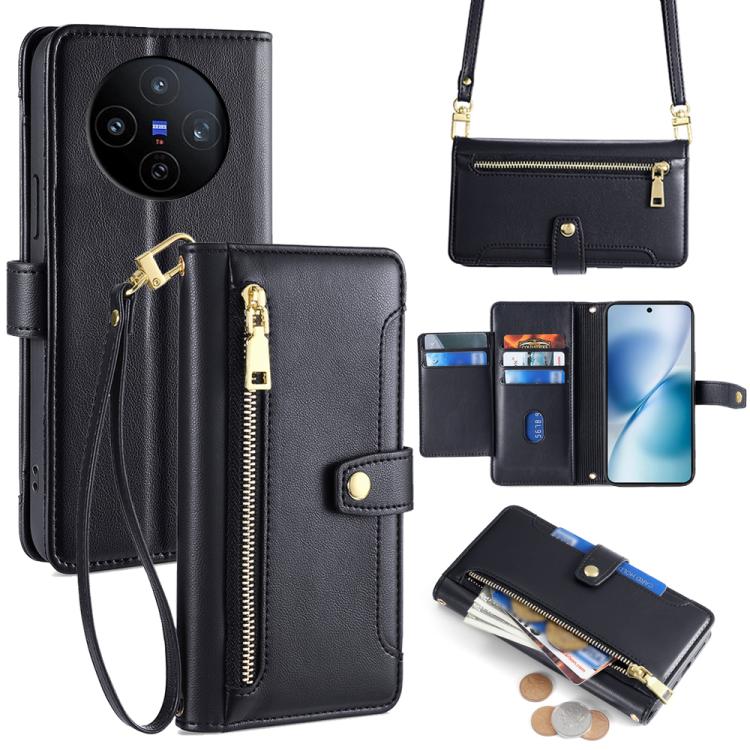

For vivo X200s 5G Sheep Texture Cross-body Zipper Wallet Leather Phone Case(Black)