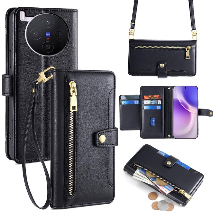 

For vivo X300 5G Sheep Texture Cross-body Zipper Wallet Leather Phone Case(Black)