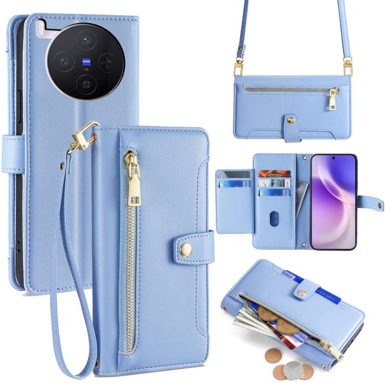 

For vivo X300 5G Sheep Texture Cross-body Zipper Wallet Leather Phone Case(Blue)