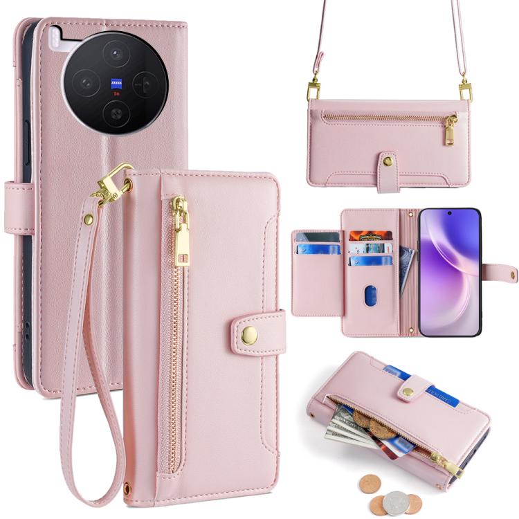 

For vivo X300 5G Sheep Texture Cross-body Zipper Wallet Leather Phone Case(Pink)
