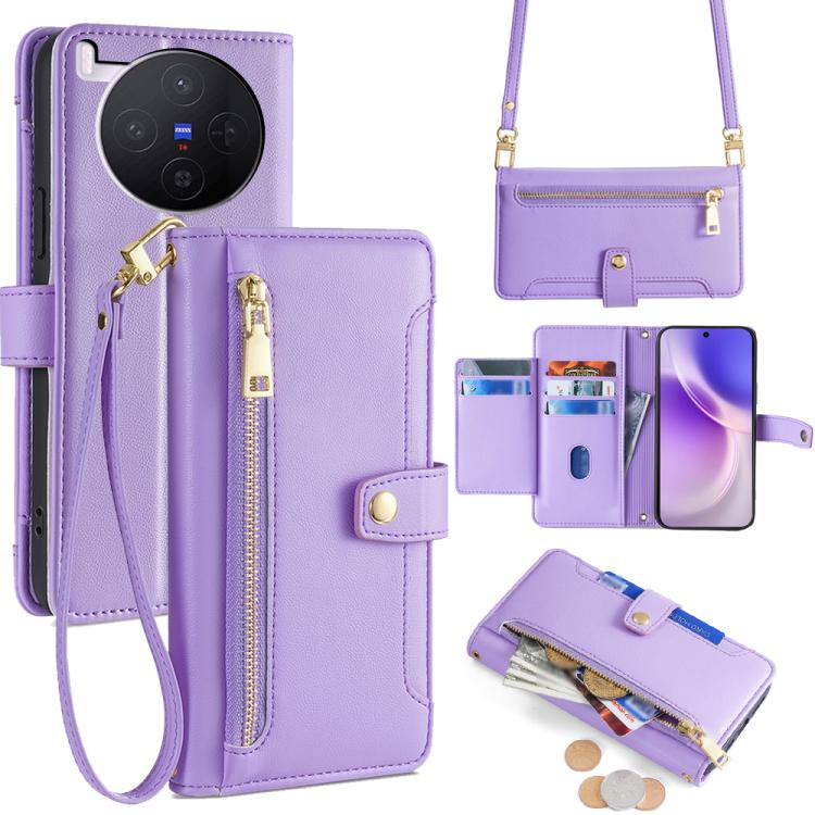 

For vivo X300 5G Sheep Texture Cross-body Zipper Wallet Leather Phone Case(Purple)
