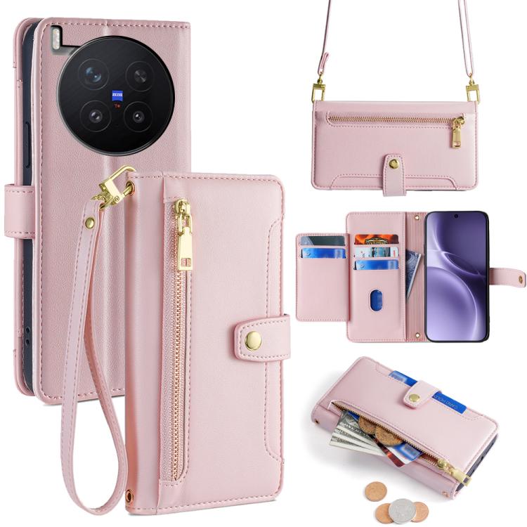 

For vivo X300 Pro 5G Sheep Texture Cross-body Zipper Wallet Leather Phone Case(Pink)