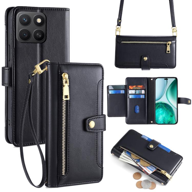 

For Honor X8c 4G Sheep Texture Cross-body Zipper Wallet Leather Phone Case(Black)