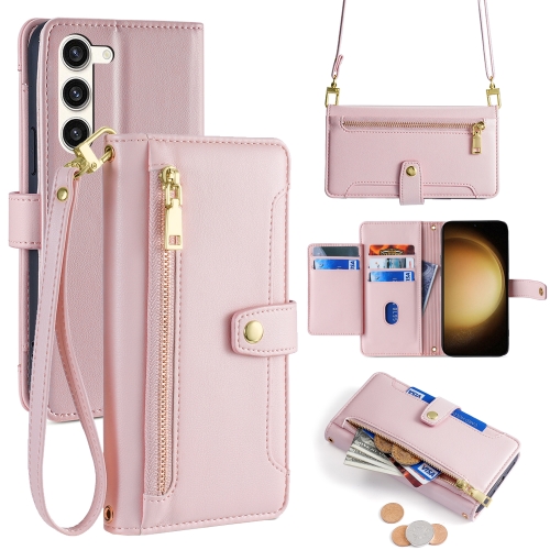

For Samsung Galaxy S23+ 5G Sheep Texture Cross-body Zipper Wallet Leather Phone Case(Pink)