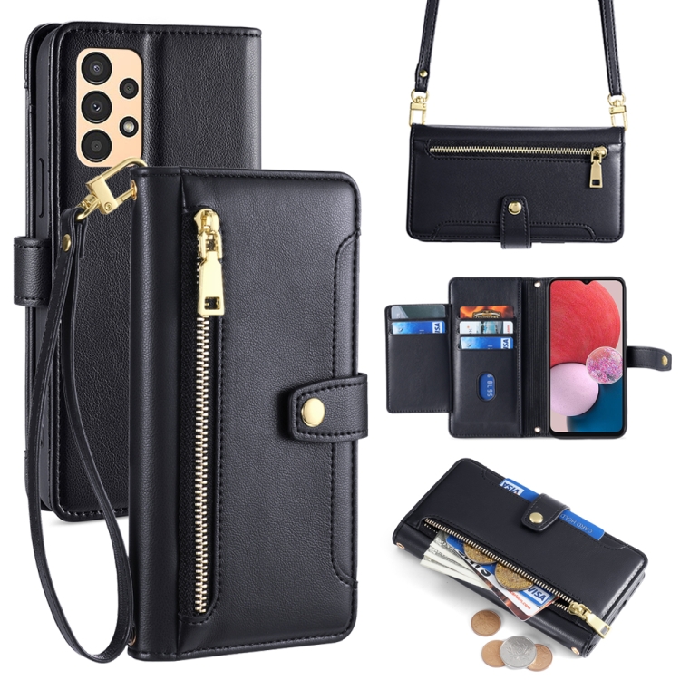 

For Samsung Galaxy A13 4G Sheep Texture Cross-body Zipper Wallet Leather Phone Case(Black)