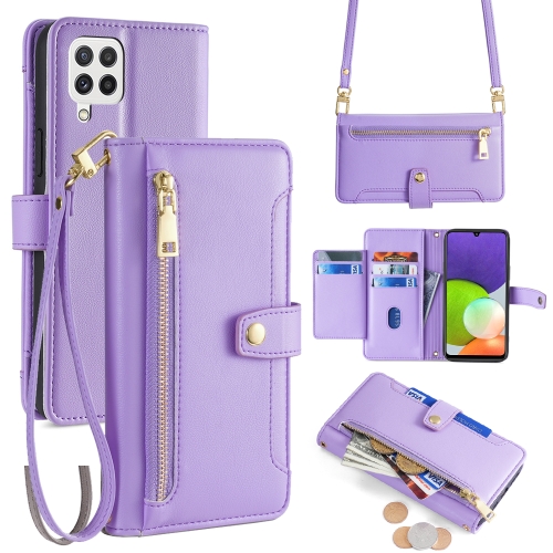 

For Samsung Galaxy A22 4G Sheep Texture Cross-body Zipper Wallet Leather Phone Case(Purple)