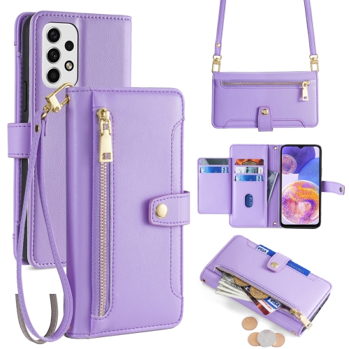 

For Samsung Galaxy A23 Sheep Texture Cross-body Zipper Wallet Leather Phone Case(Purple)