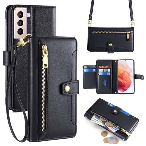 

For Samsung Galaxy S21 5G Sheep Texture Cross-body Zipper Wallet Leather Phone Case(Black)