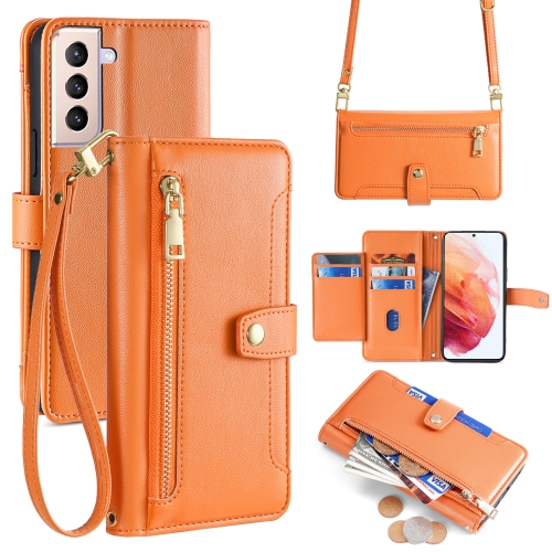 

For Samsung Galaxy S21 5G Sheep Texture Cross-body Zipper Wallet Leather Phone Case(Orange)