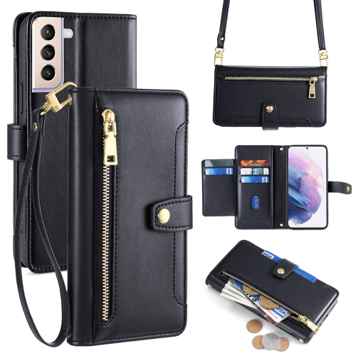 

For Samsung Galaxy S21+ 5G Sheep Texture Cross-body Zipper Wallet Leather Phone Case(Black)