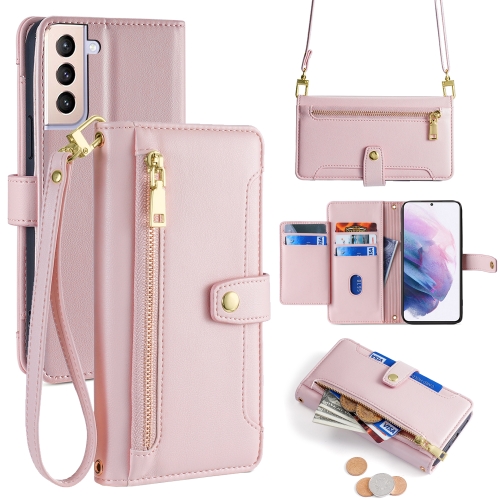 

For Samsung Galaxy S21+ 5G Sheep Texture Cross-body Zipper Wallet Leather Phone Case(Pink)