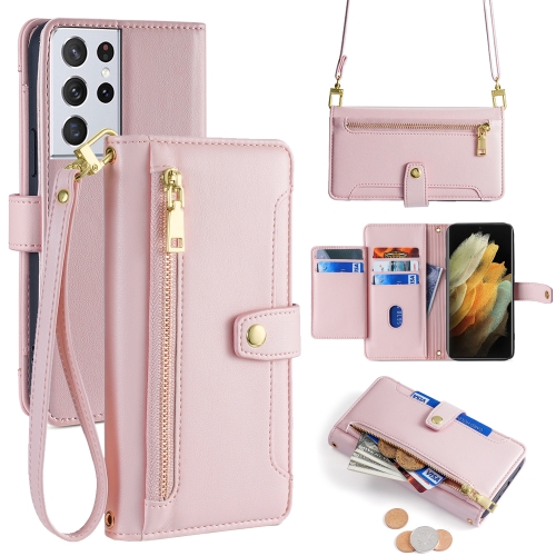 

For Samsung Galaxy S21 Ultra 5G Sheep Texture Cross-body Zipper Wallet Leather Phone Case(Pink)