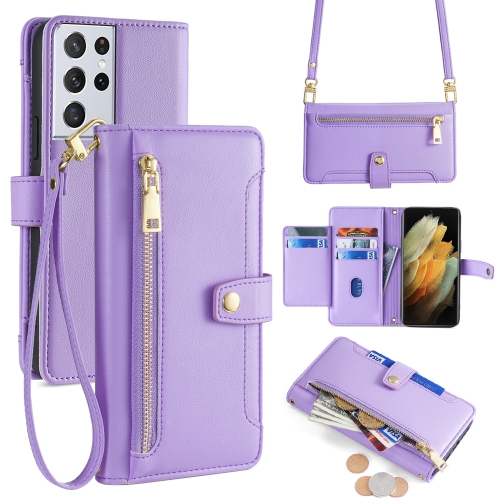 

For Samsung Galaxy S21 Ultra 5G Sheep Texture Cross-body Zipper Wallet Leather Phone Case(Purple)
