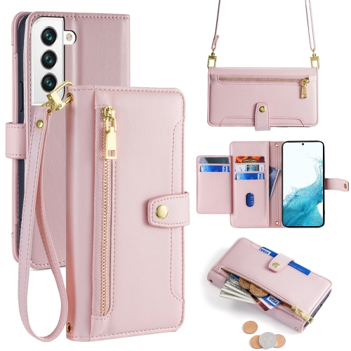 

For Samsung Galaxy S22 5G Sheep Texture Cross-body Zipper Wallet Leather Phone Case(Pink)