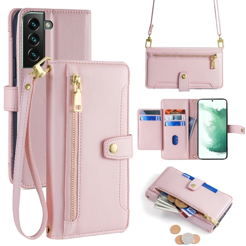 

For Samsung Galaxy S22+ 5G Sheep Texture Cross-body Zipper Wallet Leather Phone Case(Pink)