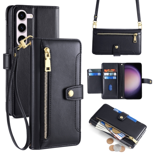 

For Samsung Galaxy S23 5G Sheep Texture Cross-body Zipper Wallet Leather Phone Case(Black)