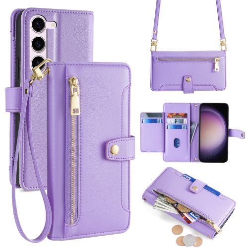 

For Samsung Galaxy S23 5G Sheep Texture Cross-body Zipper Wallet Leather Phone Case(Purple)