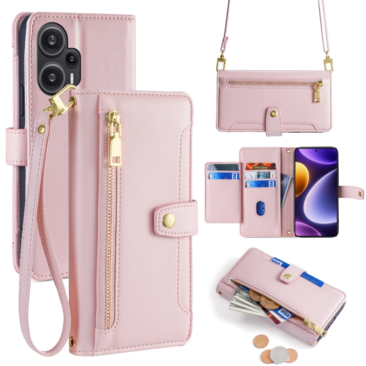 

For Xiaomi Redmi Note 12 Turbo Sheep Texture Cross-body Zipper Wallet Leather Phone Case(Pink)