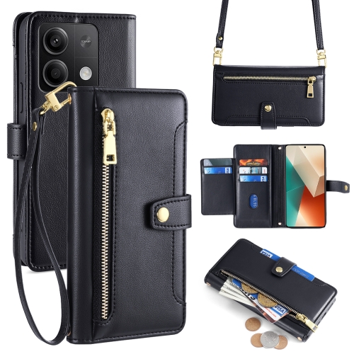 

For Xiaomi Redmi Note 13 5G Sheep Texture Cross-body Zipper Wallet Leather Phone Case(Black)