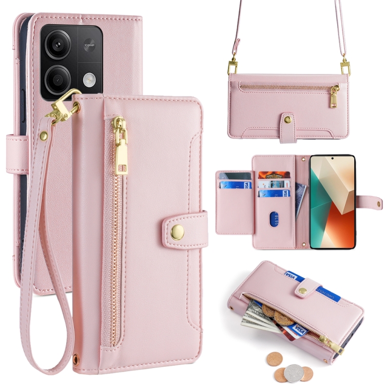 

For Xiaomi Redmi Note 13 5G Sheep Texture Cross-body Zipper Wallet Leather Phone Case(Pink)