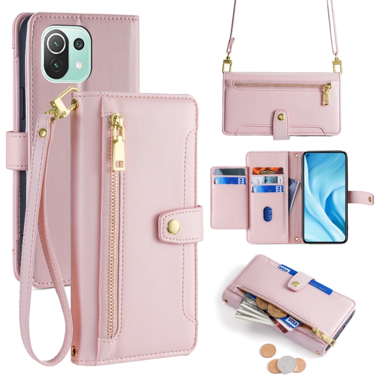 

For Xiaomi Mi 11 Lite Sheep Texture Cross-body Zipper Wallet Leather Phone Case(Pink)