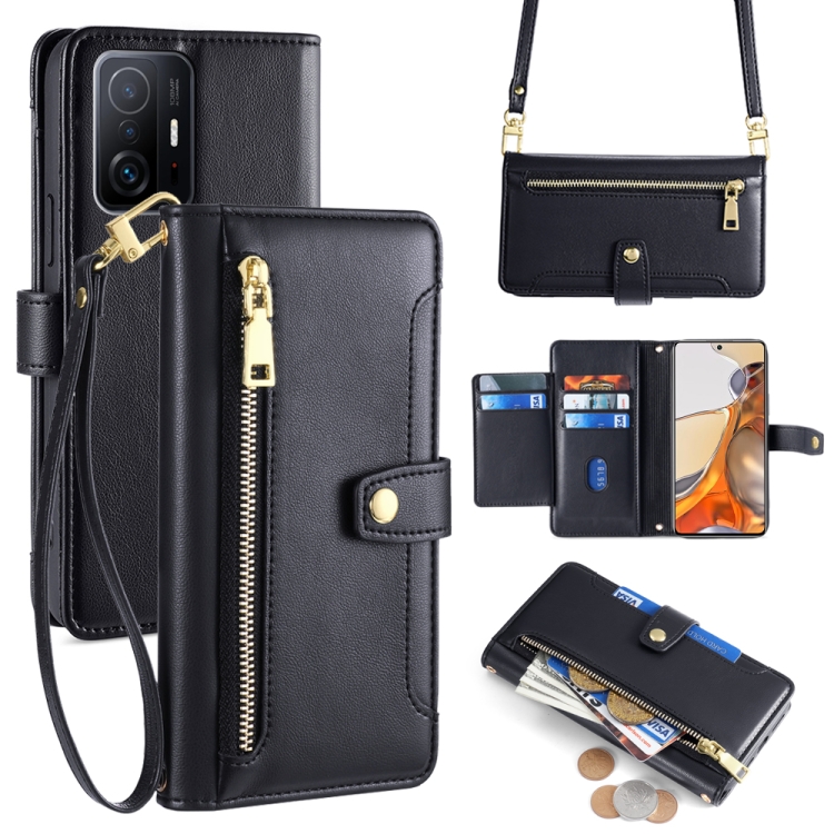

For Xiaomi 11T / 11T Pro Sheep Texture Cross-body Zipper Wallet Leather Phone Case(Black)