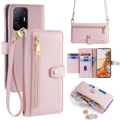 

For Xiaomi 11T / 11T Pro Sheep Texture Cross-body Zipper Wallet Leather Phone Case(Pink)