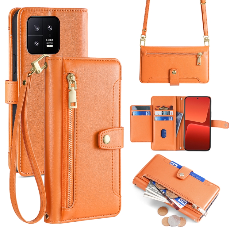 

For Xiaomi 13 Sheep Texture Cross-body Zipper Wallet Leather Phone Case(Orange)