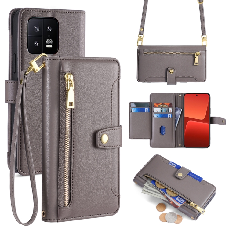 

For Xiaomi 13 Sheep Texture Cross-body Zipper Wallet Leather Phone Case(Grey)