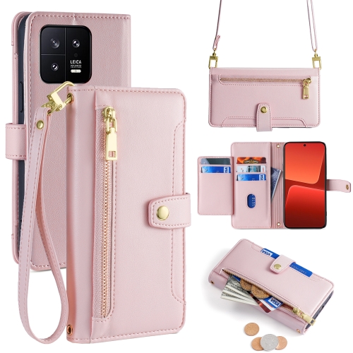 

For Xiaomi 13 Sheep Texture Cross-body Zipper Wallet Leather Phone Case(Pink)