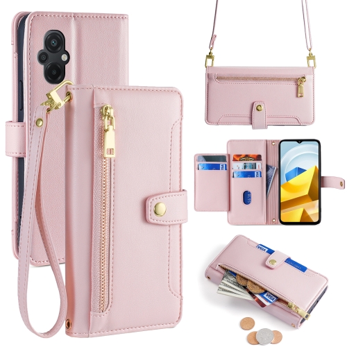 

For Xiaomi Poco M5 4G Sheep Texture Cross-body Zipper Wallet Leather Phone Case(Pink)