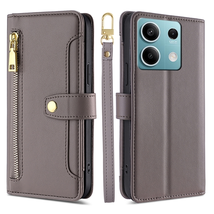 

For Xiaomi Redmi Note 13 4G Sheep Texture Cross-body Zipper Wallet Leather Phone Case(Grey)