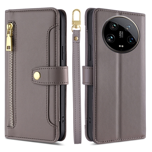 

For Xiaomi 14 Ultra Sheep Texture Cross-body Zipper Wallet Leather Phone Case(Grey)