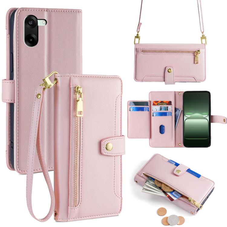 

For OnePlus Ace 5 Racing / Nord CE5 Sheep Texture Cross-body Zipper Wallet Leather Phone Case(Pink)