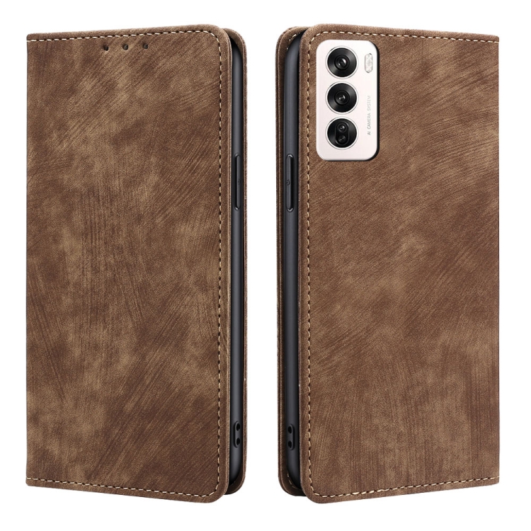 

For OPPO Reno12 5G Global RFID Anti-theft Brush Magnetic Leather Phone Case(Brown)