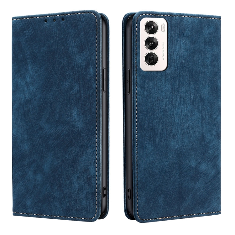 

For OPPO Reno12 5G Global RFID Anti-theft Brush Magnetic Leather Phone Case(Blue)
