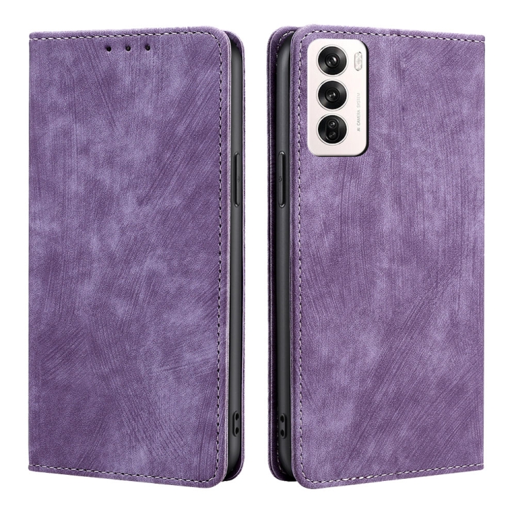 

For OPPO Reno12 5G Global RFID Anti-theft Brush Magnetic Leather Phone Case(Purple)