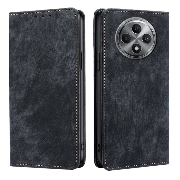 

For OPPO Reno12 F 5G RFID Anti-theft Brush Magnetic Leather Phone Case(Black)