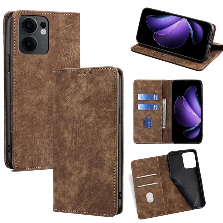 

For OPPO Reno13 F 5G / 4G RFID Anti-theft Brush Magnetic Leather Phone Case(Brown)