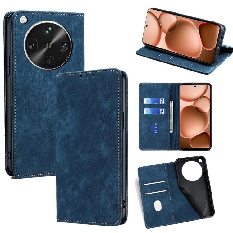 

For OPPO Find X8 Ultra 5G RFID Anti-theft Brush Magnetic Leather Phone Case(Blue)