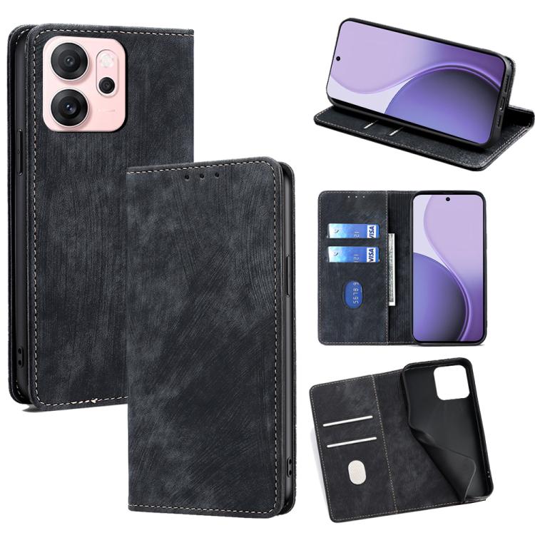 

For OPPO Reno14 F 5G RFID Anti-theft Brush Magnetic Leather Phone Case(Black)