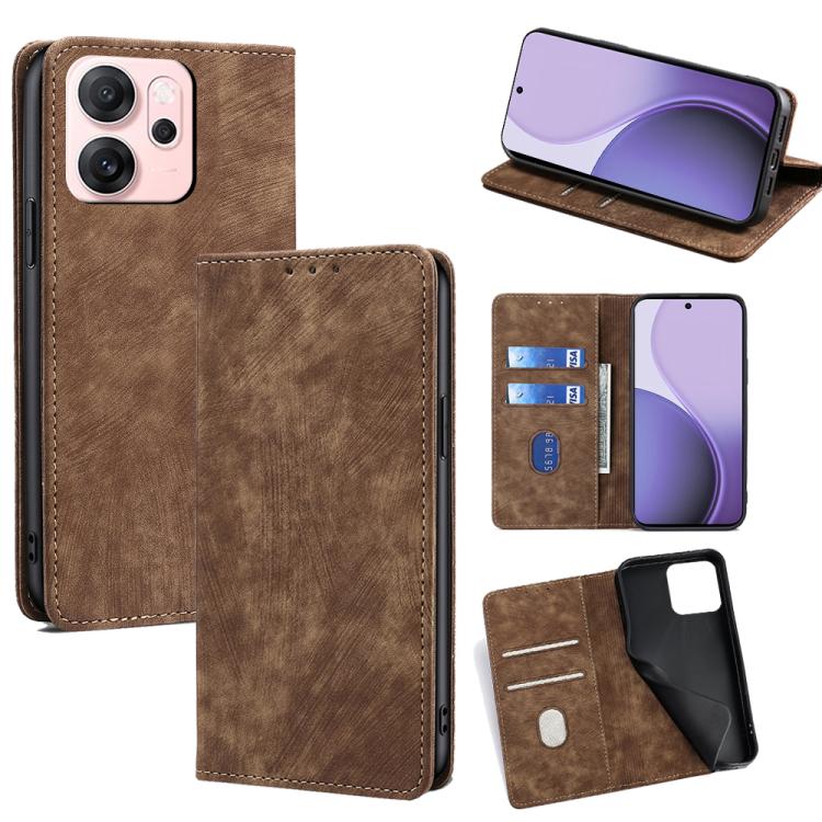 

For OPPO Reno14 F 5G RFID Anti-theft Brush Magnetic Leather Phone Case(Brown)
